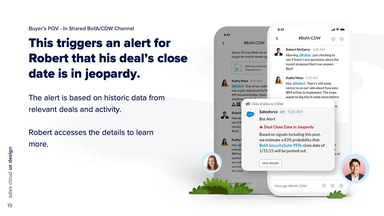 A private alert tells the seller there is an 83 percent probability the deal&rsquo;s close date will be pushed out, with a link to the details.